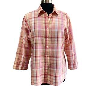 Talbots Irish Linen Blend Orange Pink Yellow Plaid Button Down Shirt Sz Large